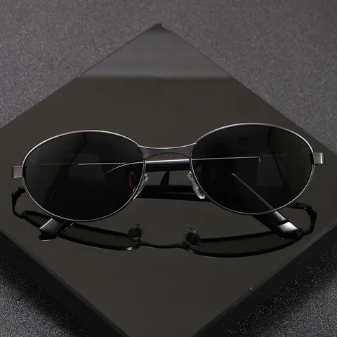 Lunettes de Soleil Polarisées pour Hommes UV400 Rétro Cadre Métallique Ovale Conduite Pêche Lunettes Mode