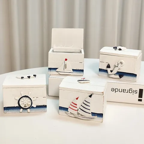 Piccola Scatola Portaoggetti in Legno Mediterraneo Scrivania Scatola Portagioie Creativa Bianca Nautica Barca a Vela Ancora Decorazione per la Casa Organizer da Scrivania