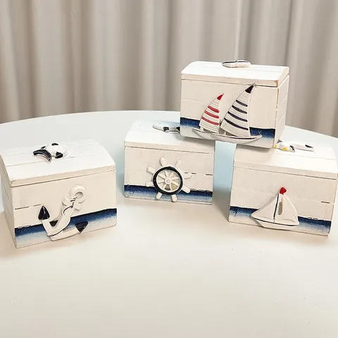 Piccola Scatola Portaoggetti in Legno Mediterraneo Scrivania Scatola Portagioie Creativa Bianca Nautica Barca a Vela Ancora Decorazione per la Casa Organizer da Scrivania
