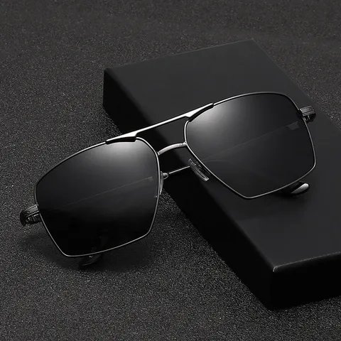 Lunettes de Soleil Polarisées pour Hommes Classiques en Métal Double Pont Monture Carrée UV400 pour Conduite Pêche Extérieur