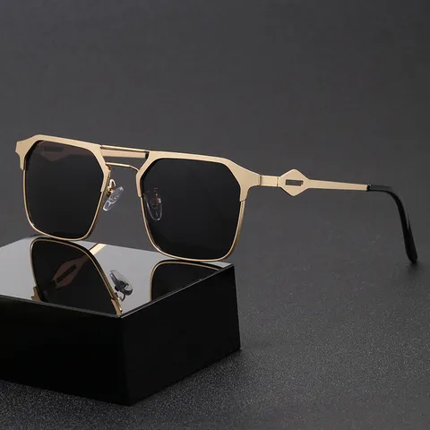 Lunettes de Soleil Polarisées pour Hommes Métal Double Pont Découpe Géométrique UV400 Conduite Extérieur Monture Carrée