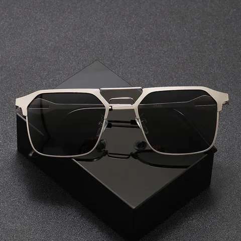 Lunettes de Soleil Polarisées pour Hommes Métal Double Pont Découpe Géométrique UV400 Conduite Extérieur Monture Carrée