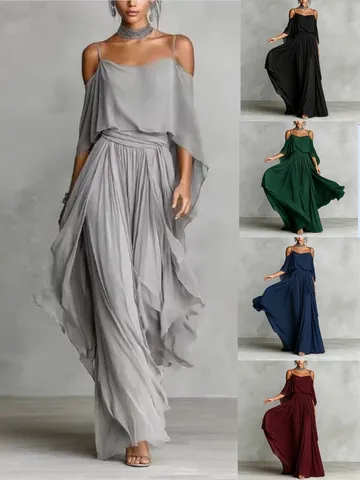Dames Elegant Polyester Off Shoulder Asymmetrisch Maxi Jurk Losse Pasvorm Pullover Effen Kleur Schouderbandjes Grote Sluier Jurk Lange Jurk