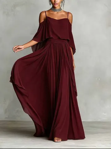 Dames Elegant Polyester Off Shoulder Asymmetrisch Maxi Jurk Losse Pasvorm Pullover Effen Kleur Schouderbandjes Grote Sluier Jurk Lange Jurk