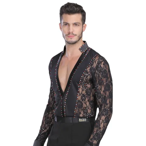 Heren Langetermijn V-Hals Latijnse Dans Top Mesh Patchwork Strass Performance Danskleding Kostuum Voor Podiumwedstrijd