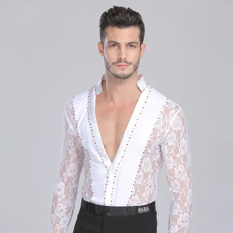 Heren Langetermijn V-Hals Latijnse Dans Top Mesh Patchwork Strass Performance Danskleding Kostuum Voor Podiumwedstrijd