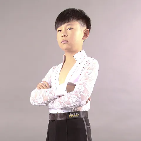 Boys V-Neck Latin Dance Top Long Sleeve Lace Mesh Performance Competition Costume Children Practice Dancewear