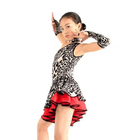 Girls Latin Dance Skirt Asymmetric Shoulder Leopard Print Milk Silk Children Performance Dress