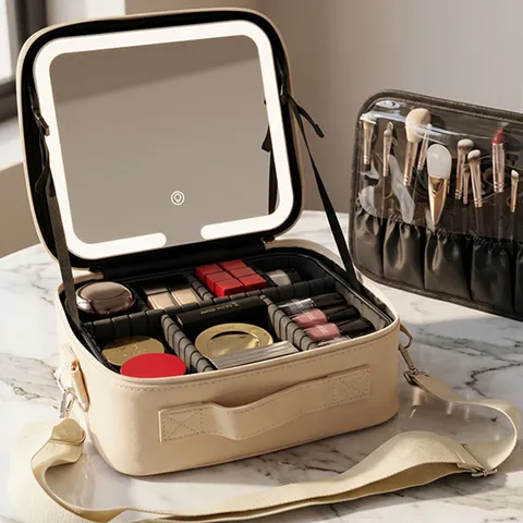 Large Capacity PU Leather Makeup Bag with LED Light Mirror Multifunctional Travel Cosmetic Organizer Crossbody Handbag