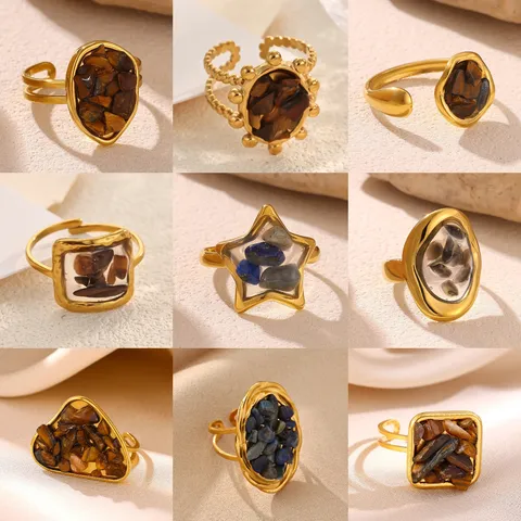 Rétro 304 Acier Inoxydable Plaqué Or 18K Géométrique Irrégulier Ovale Étoile Réglable Bague Ouverte pour Femme Bijoux Cadeau