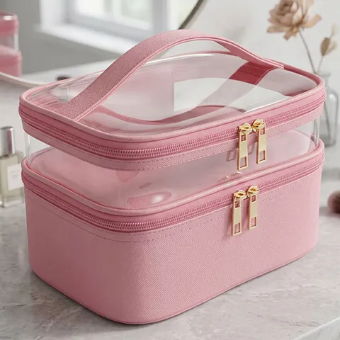 Transparante Dubbele Laag Cosmeticatas Grote Capaciteit Waterdicht PU Leer Reis Toiletartikelen Organizer Make-up Etui