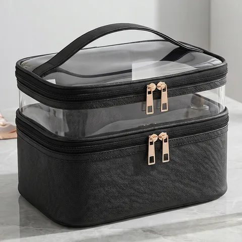 Transparante Dubbele Laag Cosmeticatas Grote Capaciteit Waterdicht PU Leer Reis Toiletartikelen Organizer Make-up Etui