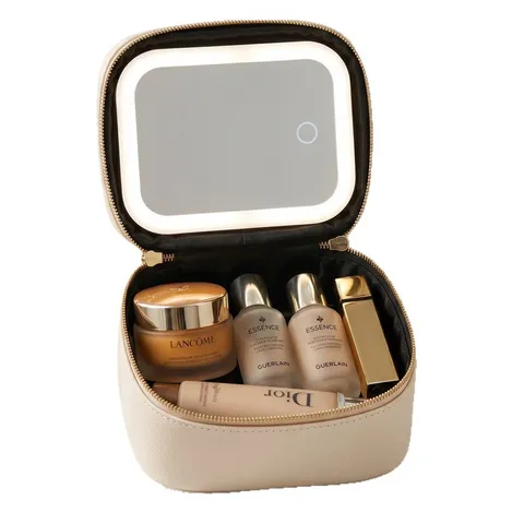 Portable PU Leather Makeup Bag with LED Lighted Mirror Travel Cosmetic Organizer Mini Lipstick Storage Pouch for Women
