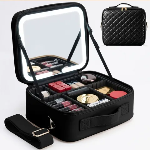 Large Capacity PU Leather Makeup Bag with LED Light Mirror Multifunctional Travel Cosmetic Organizer Crossbody Handbag