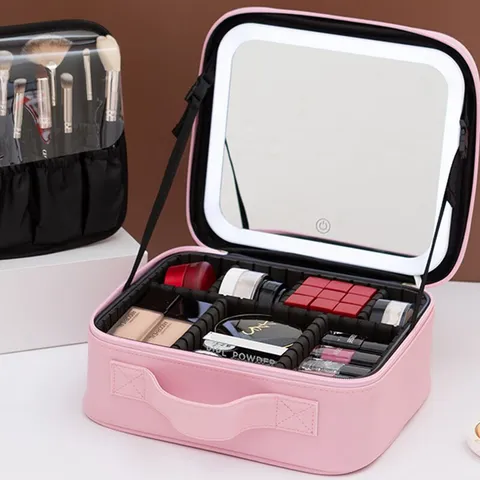 Portable PU Leather Travel Cosmetic Bag With LED Lighted Makeup Mirror Waterproof Storage Organizer Box For Women
