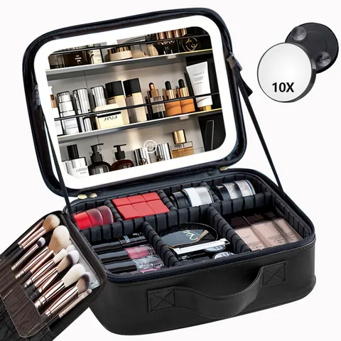 Reis Make-up Koffer Met LED Verlichte Spiegel PU Leer Waterdichte Cosmetische Tas Draagbare Opslag