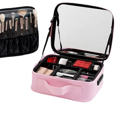 Portable PU Leather Travel Cosmetic Bag With LED Lighted Makeup Mirror Waterproof Storage Organizer Box For Women