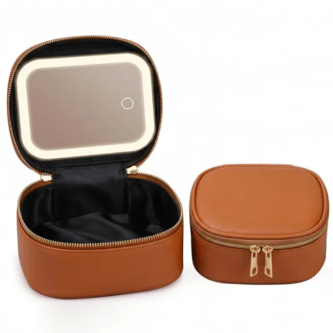 Portable PU Leather Makeup Bag with LED Lighted Mirror Travel Cosmetic Organizer Mini Lipstick Storage Pouch for Women