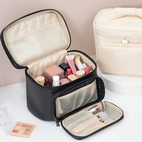 Grote Capaciteit Reizen Cosmeticatas Waterdicht PU Leer Make-up Pouch Draagbare Toilette Organizer Met Strik Voor Vrouwen