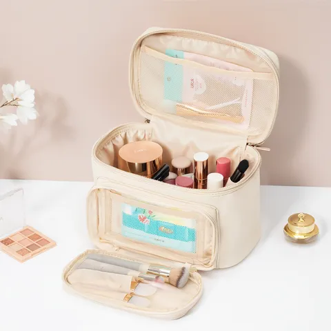 Grote Capaciteit Reizen Cosmeticatas Waterdicht PU Leer Make-up Pouch Draagbare Toilette Organizer Met Strik Voor Vrouwen