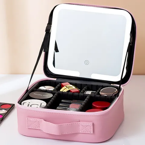 Large Capacity PU Leather Travel Makeup Bag With LED Light Mirror Portable Cosmetic Organizer Storage Case For Women