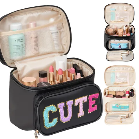 Grote Capaciteit PU Lederen Cosmetica Tas Met Strik En Cute Letter Patch Draagbare Reizen Make-up Organizer Pouch Voor Vrouwen