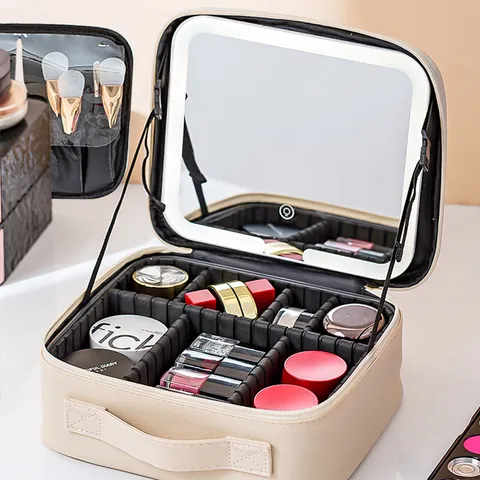 Large Capacity Travel Makeup Bag With LED Light Mirror Waterproof PU Leather Cosmetic Organizer Portable Storage Case For Women