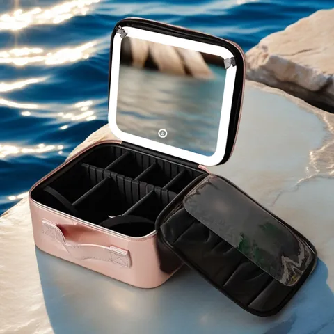 Draagbare Reizen Make-up Tas Grote Capaciteit Waterdicht PU Leer Cosmetische Opslag Organizer Met LED Licht Spiegel En Verstelbare Verdelers
