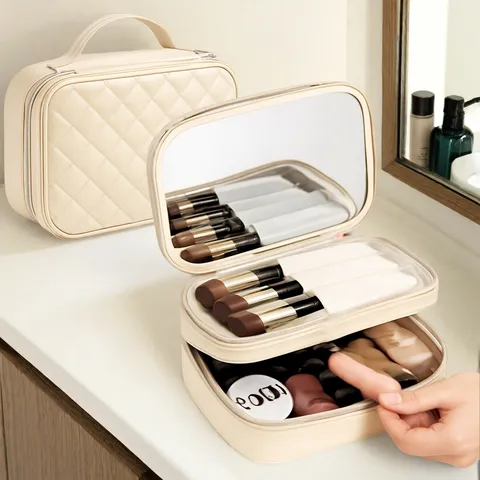 Reis Make-up Tas Draagbare Grote Capaciteit Make-up Organizer Dubbellaags Gewatteerd PU Leer Toiletas Met Spiegel