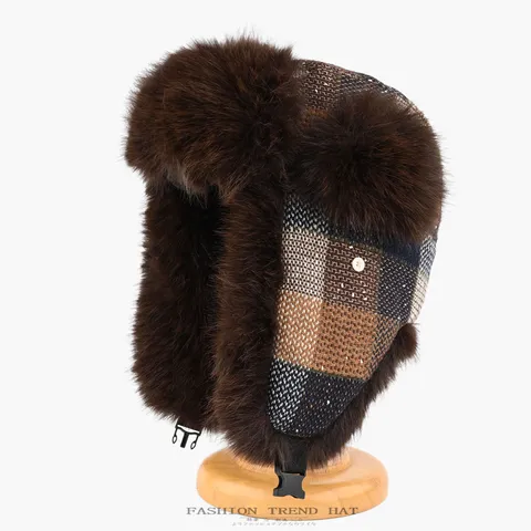 Vintage Plaid Trapper Hat Winter Warm Ear Flap Faux Fur Bomber Hat Windproof Outdoor Cold Weather Snow Cap