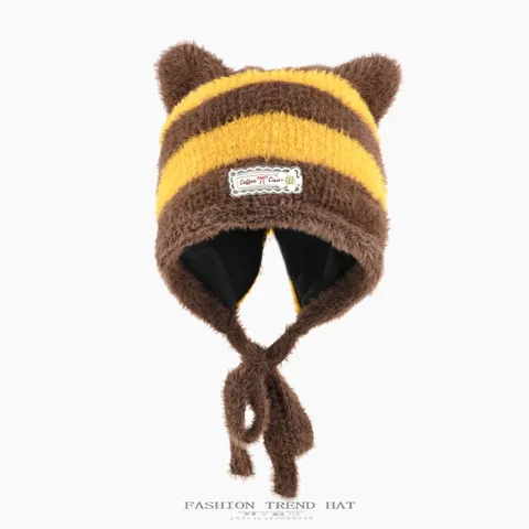 Damen Winter Warm Knitted Mütze Süße Bärenohren Gestreift Farbblock Pullover Fleece Ohrklappe Kappe Täglich