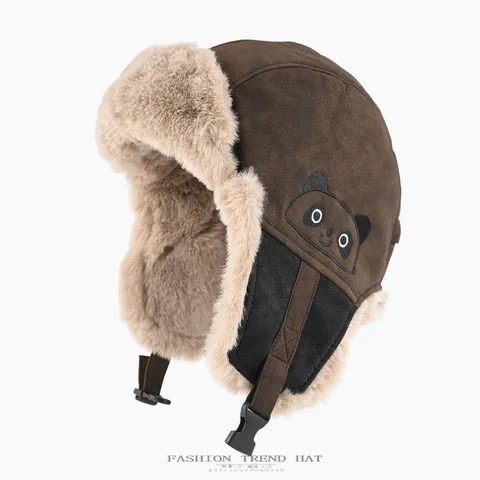 Koreanischer Stil Unisex Winter Warm Ushanka Mütze Kunstleder Verdickt Plüsch Panda Bestickt Bomber Mütze