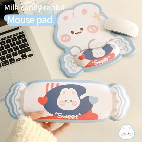 Cute Milk Candy Rabbit Mouse Pad And Keyboard Wrist Rest Ergonomic Rubber Non-Slip Office Desk Mat Set For Home Working