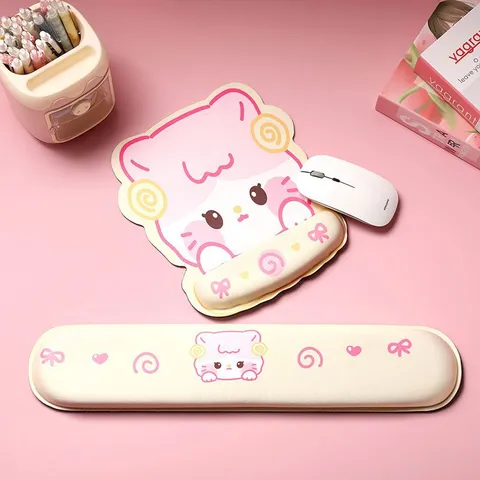 Cute Pink Cat Mouse Pad And Keyboard Wrist Rest Ergonomic Memory Foam Support Non Slip Desk Mat For Women Office Gaming