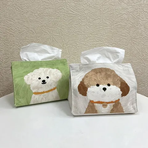 Cute Puppy Cartoon Fabric Tissue Box Holder Green Soft Cloth Desktop Paper Storage Container for Home Car Room Decor