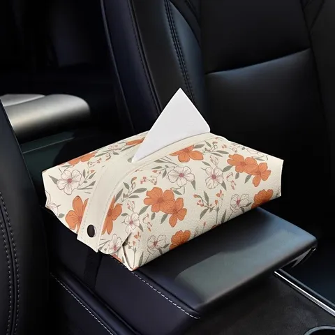 PU Leather Car Tissue Box Holder Armrest Tissue Container Creative Floral Tissue Dispenser Car Interior Accessories