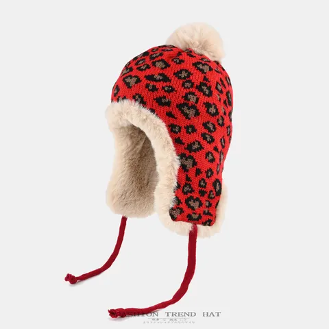 Leopardenmuster Plüsch Gestrickt Warm Bomber Mütze Damen Winter Verdickte Winddichte Ohrenklappe Trapper Mütze Outdoor Radfahren Kappe