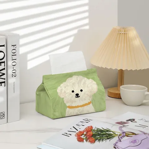 Cute Puppy Cartoon Fabric Tissue Box Holder Green Soft Cloth Desktop Paper Storage Container for Home Car Room Decor