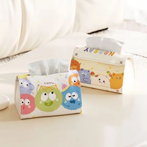 Multifunctional Leather Tissue Box Holder Cute Cartoon Print Storage Box For Living Room Car Tabletop Home Decor