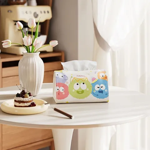 Multifunctional Leather Tissue Box Holder Cute Cartoon Print Storage Box For Living Room Car Tabletop Home Decor