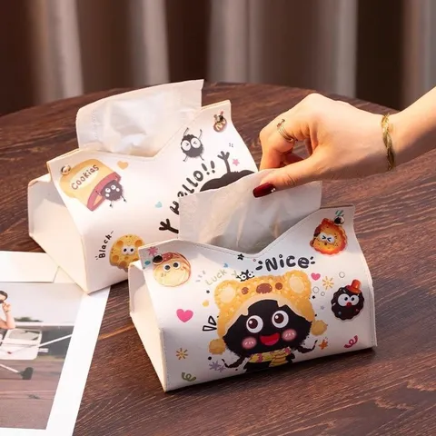 Cute Cartoon Puppy Soot Sprite PU Leather Tissue Box Holder Living Room Car Desktop Storage Organizer