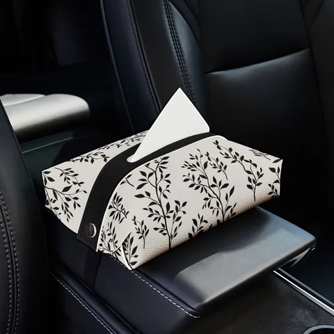 PU Leather Car Tissue Box Creative Floral Pattern Portable Armrest Tissue Holder Light Luxury Auto Interior Organizer