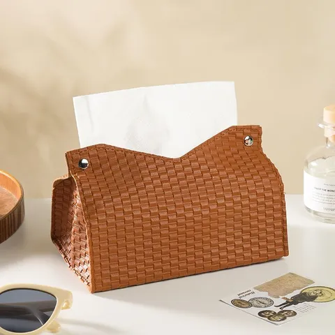 Modern Minimalist PU Leather Tissue Box Plaid Napkin Holder Waterproof Desktop Storage Organizer For Home Living Room Car
