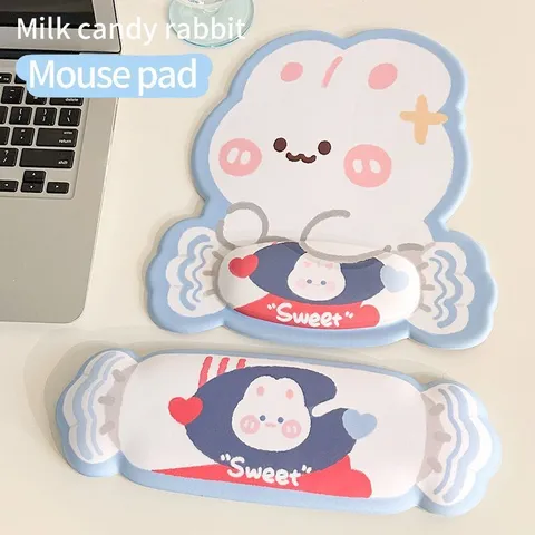 Cute Milk Candy Rabbit Mouse Pad And Keyboard Wrist Rest Ergonomic Rubber Non-Slip Office Desk Mat Set For Home Working