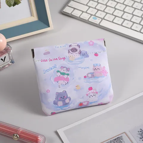 Mini PU Leather Cosmetic Pouch Cute Cartoon Cat Hot Springs Pattern Portable Spring Closure Coin Purse Makeup Bag