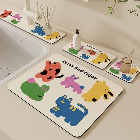 Sink Absorbent Mat Bathroom Countertop Faucet Drainage Mat Cartoon Animal Washbasin Anti Slip Water Absorbent Coaster