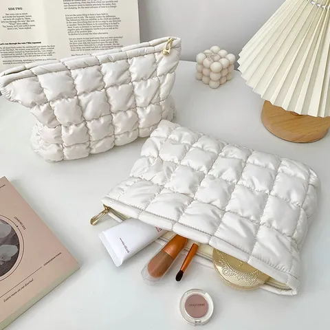 Fashion Quilted Cotton Cosmetic Bag Large Capacity Makeup Pouch Zipper Storage Handbag For Women Travel Daily Use
