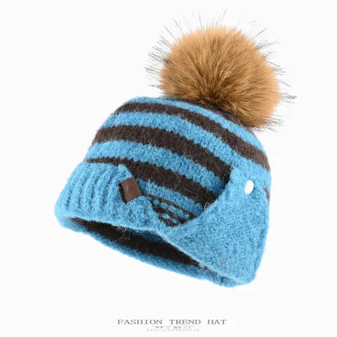 Damen Winter Warme Dicke Strickmütze Gestreift Kunstfuchspelz Bommel Ohrklappe Thermische Totenkopf Mütze Mode Kopfbedeckung