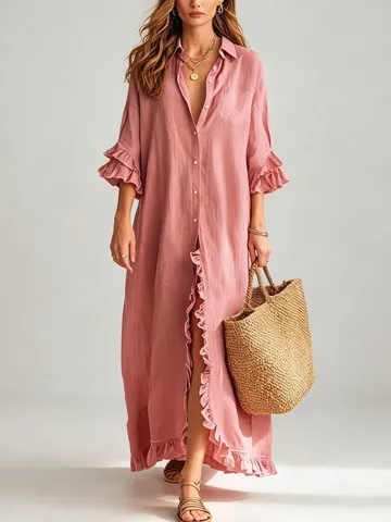 Women Elegant Shirt Dress Ruffle Button Down Midi Dress Loose Fit Solid Color Casual Vacation Shirt Dress Long Sleeve Dress