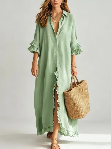 Women Elegant Shirt Dress Ruffle Button Down Midi Dress Loose Fit Solid Color Casual Vacation Shirt Dress Long Sleeve Dress
